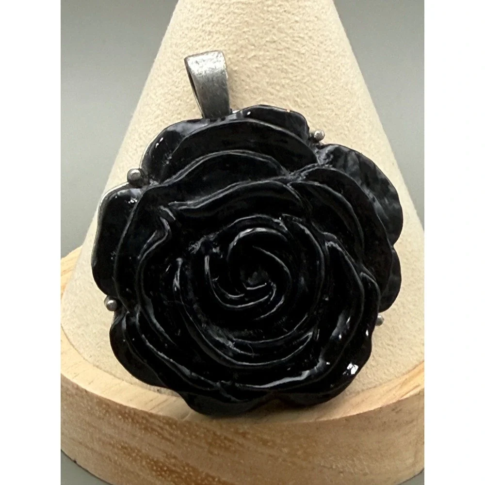 Black Rose Flower Pendant Carved Statement Silver Tone Metal Floral Goth Jewelry